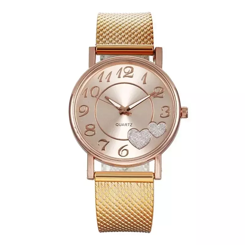 Relógios de pulso Mesh Love Heart feminino, relógio vintage prateado e dourado, casual e elegante, relógios quartzo