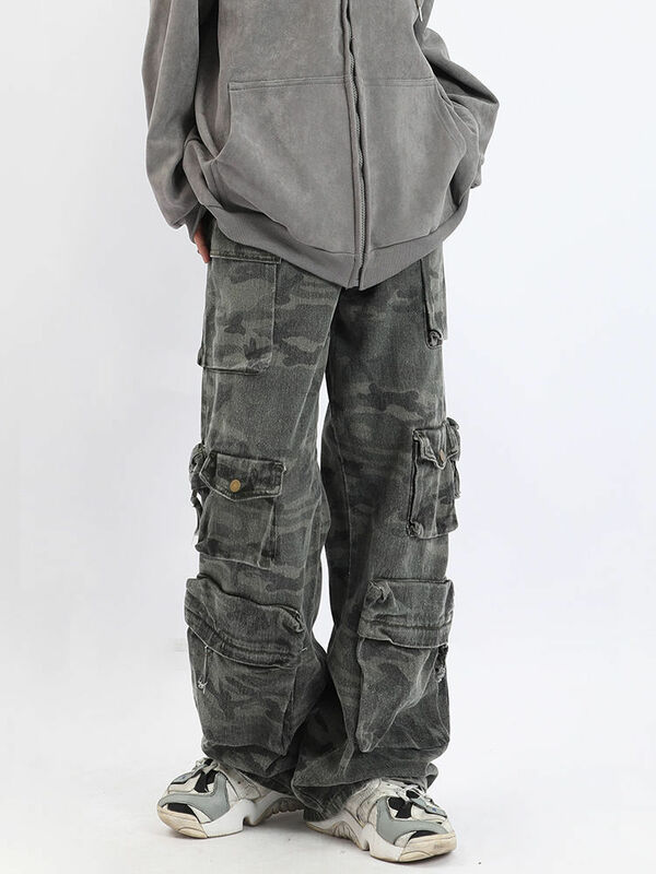 Retro Hip Hop kamuflażowe spodnie Cargo multi-pocket Wash Y2k moda wysokiej talii dżinsy kobieta para Harajuku dorywczo szerokie spodnie nogi