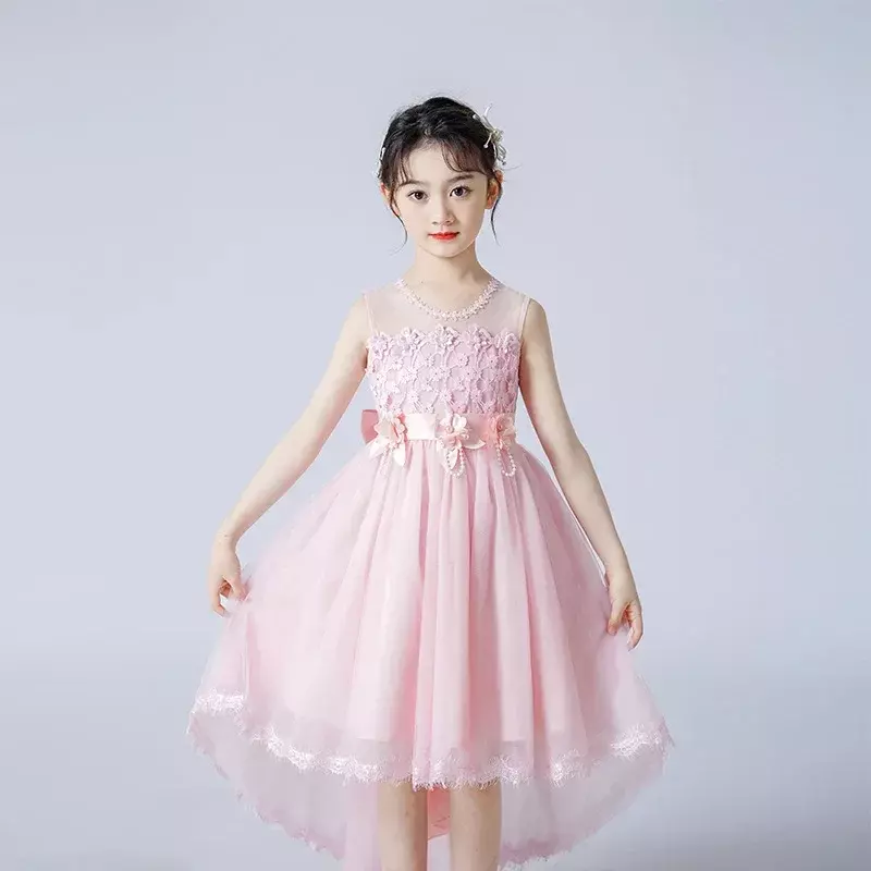 Vestito da principessa per ragazze vestito da principessa 2024 estate nuovo vestito da spettacolo per pianoforte per bambini medio e grande che trascina il Chil di fiori in stile occidentale