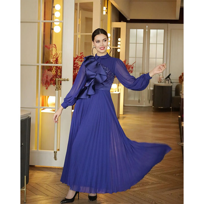 Vintage Long Purple Evening Dresses High Neck Chiffon Long Sleeves A Line Pleated Ankle Length Custom Made for Women Party Gowns