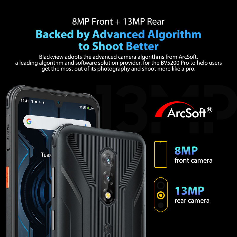 [World Premiere] Blackview BV5200 Pro Android12 Rugged Phone MTK G35 4GB 64GB Mobile Phone 13MP Camare ArcSoft 5180mAh Cellphone