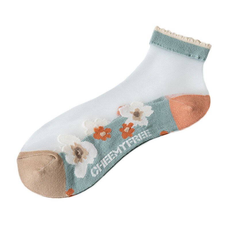 Socks Women's Summer Breathable Crystal Silk Socks Embroidered Flowers Cool Comfortable Breathable Cotton Bottom Socks G113