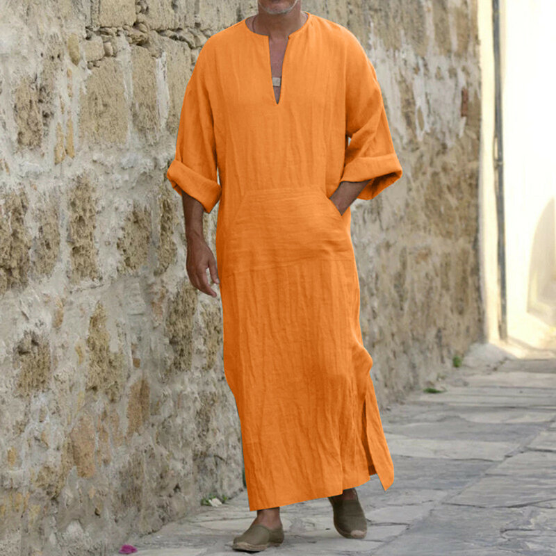 Jubba Thobe Kaftan Muslim, jubah katun Linen warna polos lengan pendek kerah V, Arab, Muslim, pria Abaya