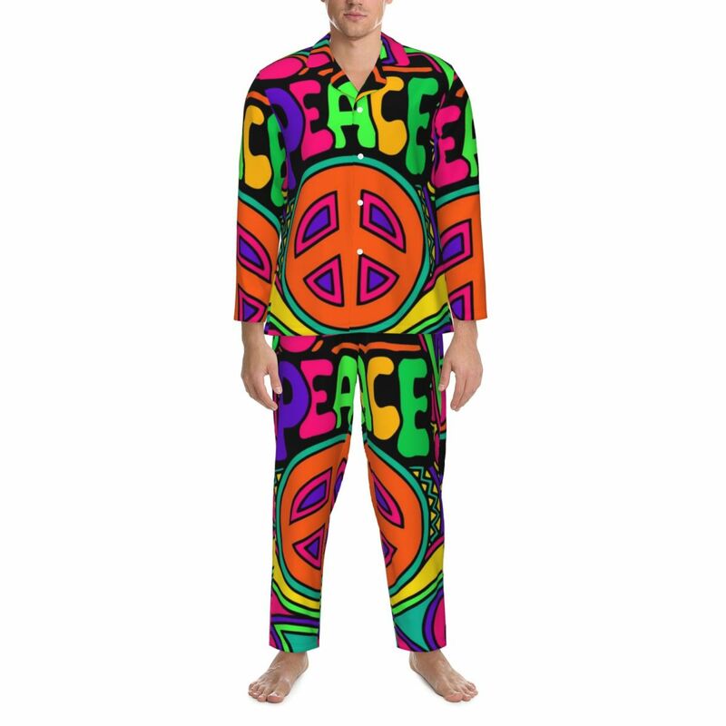 Pretty Pink Peace Sleepwear Autumn Colorful Hippy Design Oversize Pajama Sets Male Long Sleeve Comfortable Room Design Home Suit
