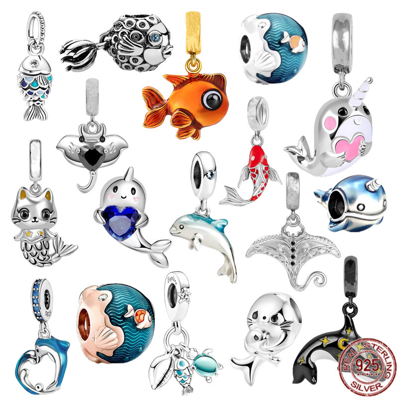 925 Sterling Silver Charm Beads para Pulseira Pandora Original, Boa Fortuna, Carpa, Peixe, Baleia, Goldfish, Golfinho, Moda Jóias Presente