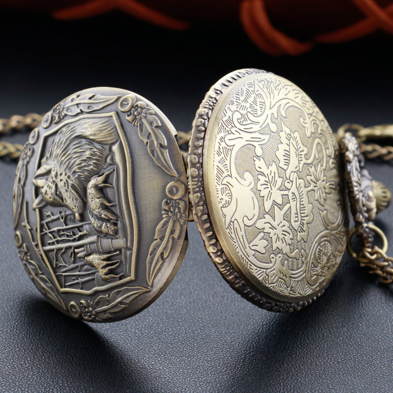 Jam Tangan Saku Quartz Display Seri Hewan Serigala Rantai Fob Perunggu Vintage Hadiah Jam Liontin Kalung Dial Bulat Digital Romawi