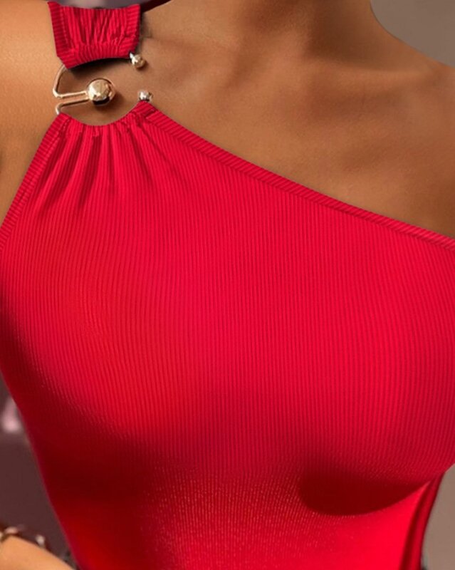 2024 wanita musim panas baru serbaguna penjualan laris ketat gesper logam bahu tunggal berbentuk O dekorasi bergaris Jumpsuit