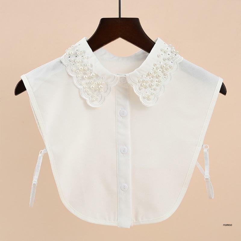 Korean Style Imitation Pearl Beaded Fake Collar for Women Detachable White Dickey Blouse Hollow Out Embroidery Scalloped