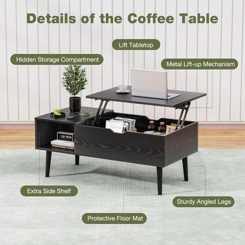 Lift Top Coffee Table com Prateleira De Armazenamento E Compartimento Escondido, Móveis De Madeira Para Sala De Estar E Escritório