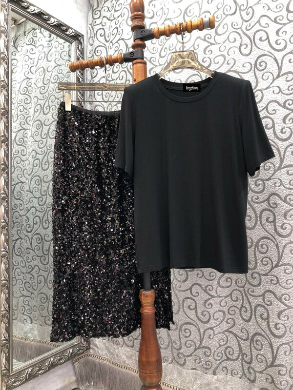 lingzhiwu Black T Shirt Sequins Skirt Set 2024 Summer Female Elastic Waist Skirts Black Tee Shirt Suit Twinset New Arrive