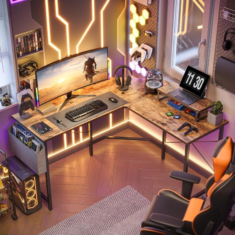 Meja game bentuk L, meja sudut komputer 47.2 inci dengan rak Monitor untuk rumah kantor belajar menulis stasiun kerja, pedesaan coklat