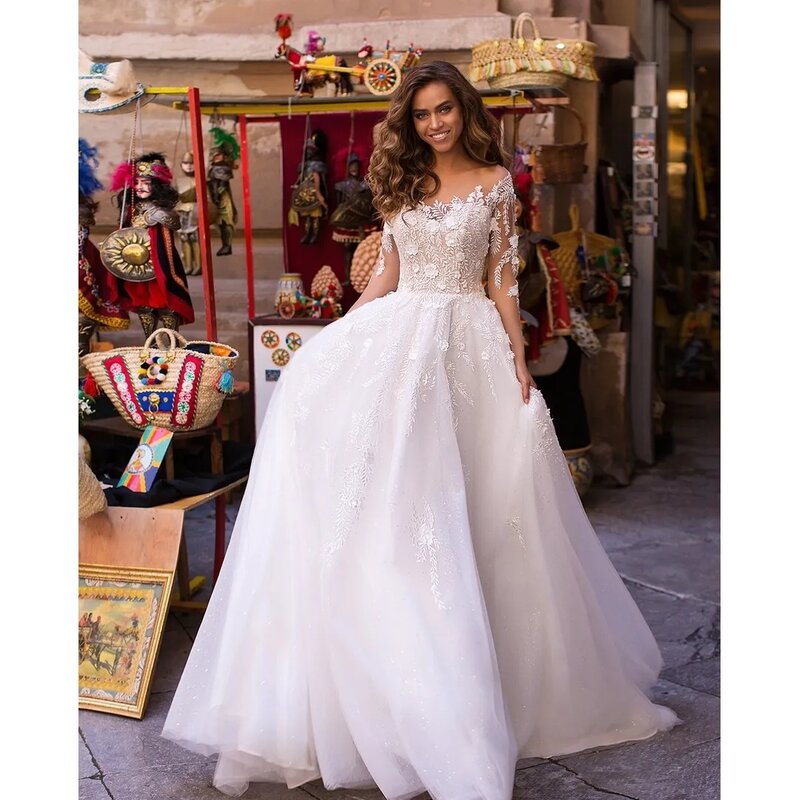 2024 New White Wedding Dress For Women Sheer O-Neck Long Sleeves Lace Appliques A-Line Tulle Vestidos de novia Bridal Gown