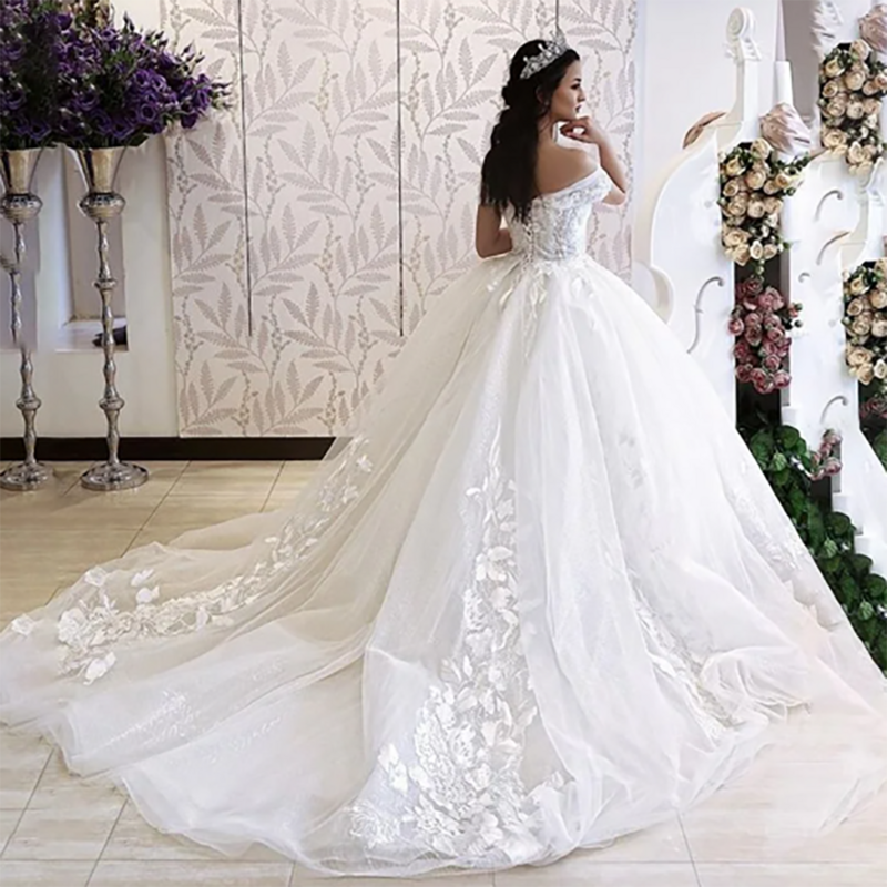 Vestido de novia de Princesa con Apliques de encaje para mujer, vestidos de novia de ilusión con cordones y tren de corte, tul, 2024