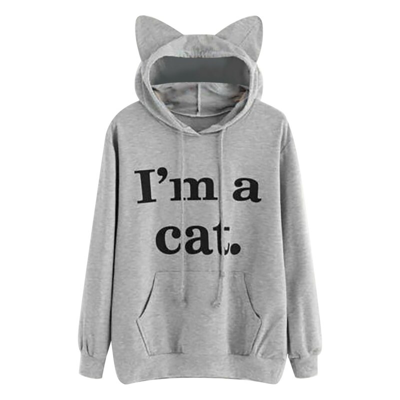 Hoodie I AM A CAT print, Sweatshirt bertudung telinga kucing, Hoodie Jumper, Hoodie pakaian luar, mantel mode atasan wanita