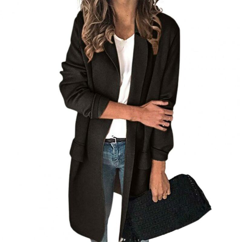 New Women Fashion Casual Suit Jacket Solid Color Long Sleeve Turn-Down Collar Long Cardigan Coat