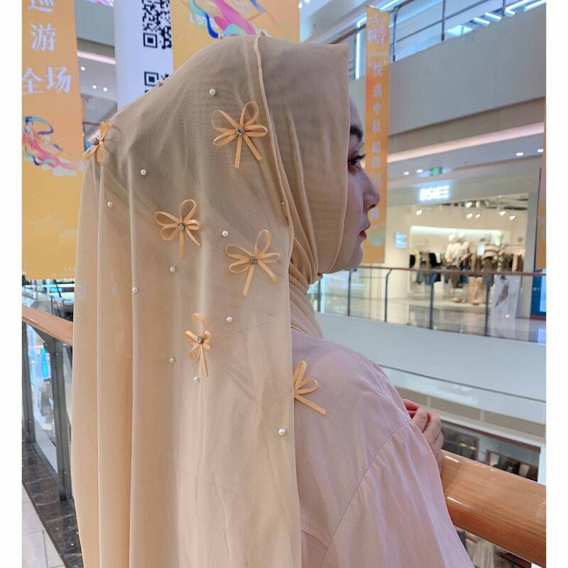 ผ้าพันคอฮิญาบผ้าคลุมหน้าสำหรับผู้หญิงผ้าพันคอมุสลิมอิสลามติดโบว์หวานใหม่สำหรับเด็กผู้หญิง
