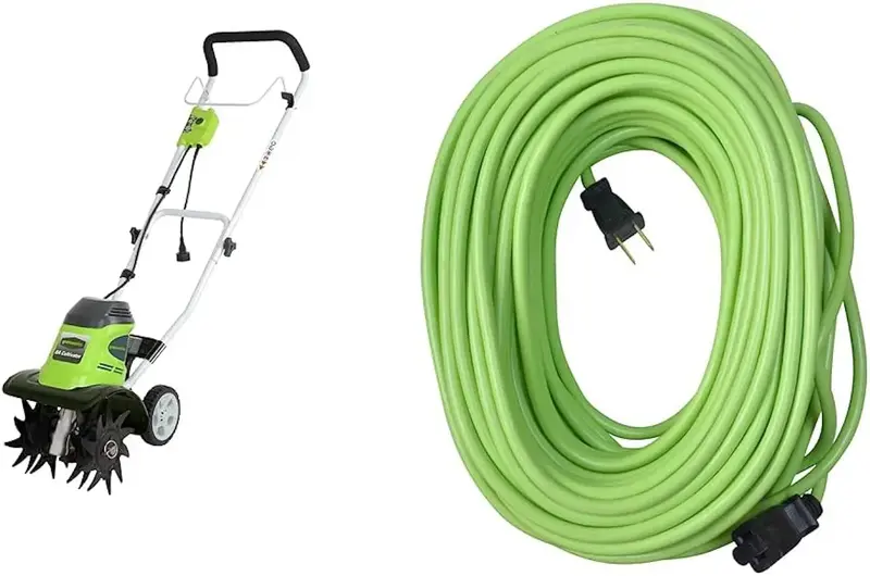 Greenworks 8 Amp 10-Inch Corded Tiller (27072) and Yard Master 9940010 Outdoor Garden 120-Foot Extension Cord,  Water Resistant