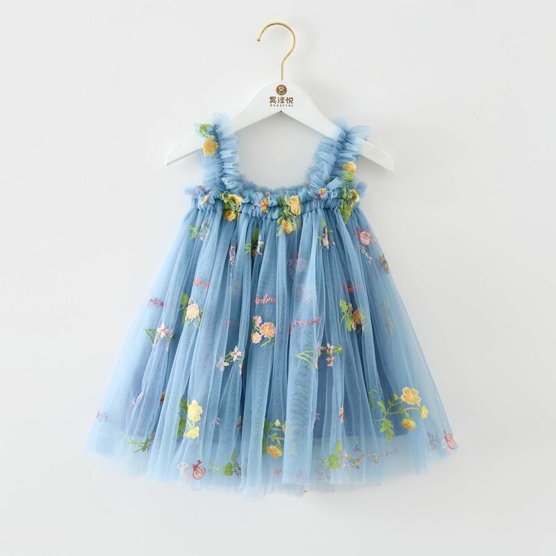 Новое милое платье для маленьких девочек, комплект из 6 предметов, сетчатые подтяжки с цветочной вышивкой, одежда для маленьких девочек, платья принцессы на день рождения