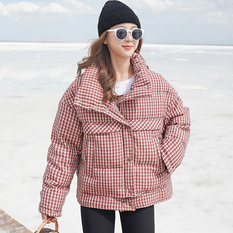 Lattice Short Style Jackets for Women, Bread Service, White Duck Down, Keep Warm, Trend, Korean Version Coat, Autumn and Winter