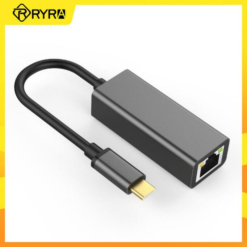 RYRA kabel eksternal tipe USB C ke RJ45, adaptor Ethernet antarmuka jaringan USB Tipe C ke Ethernet 10/100Mbps Lan untuk MacBook PC
