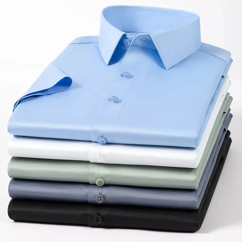 Camicie eleganti da uomo estive manica corta elastico ad alta densità materiale setoso solido Business senza tasche vestiti elasticizzati