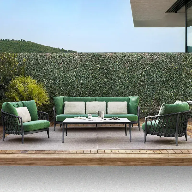Nordic outdoor rattan wodoodporny i przeciwsłoneczny dziedziniec pokój słoneczny hotelowa podwójna sofa stolik kawowy krzesło rattanowe meble