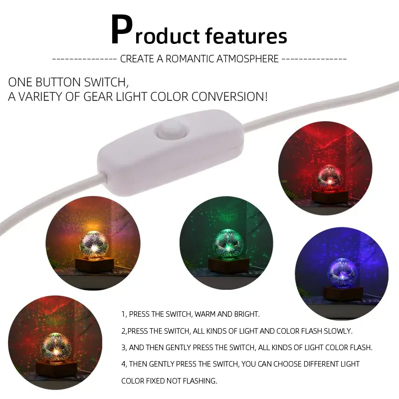 Led 3d Vuurwerk Nachtlampje Kleurrijke Sfeer Tafellampen Glazen Bal Bedlampjes Voor Huis Slaapkamer Decoratie Kerstcadeau