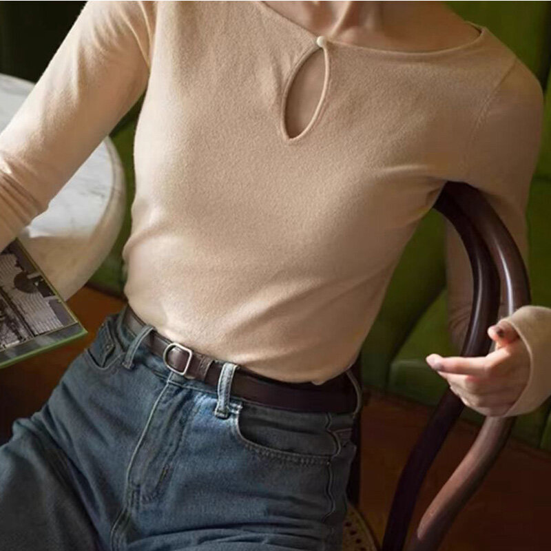 2024 nuova estate a vita alta tinta unita stile coreano camicia da donna sciolto Casual ufficio signora fuori dalla clavicola manica lunga top