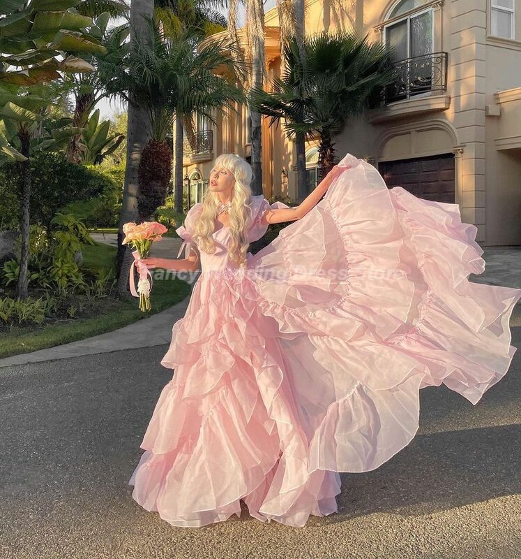 Fancy Pink Selkie Princess Prom Dresses Ruffles Sweetheart Long Birthday Party Dresses maniche corte abiti da laurea per ragazze