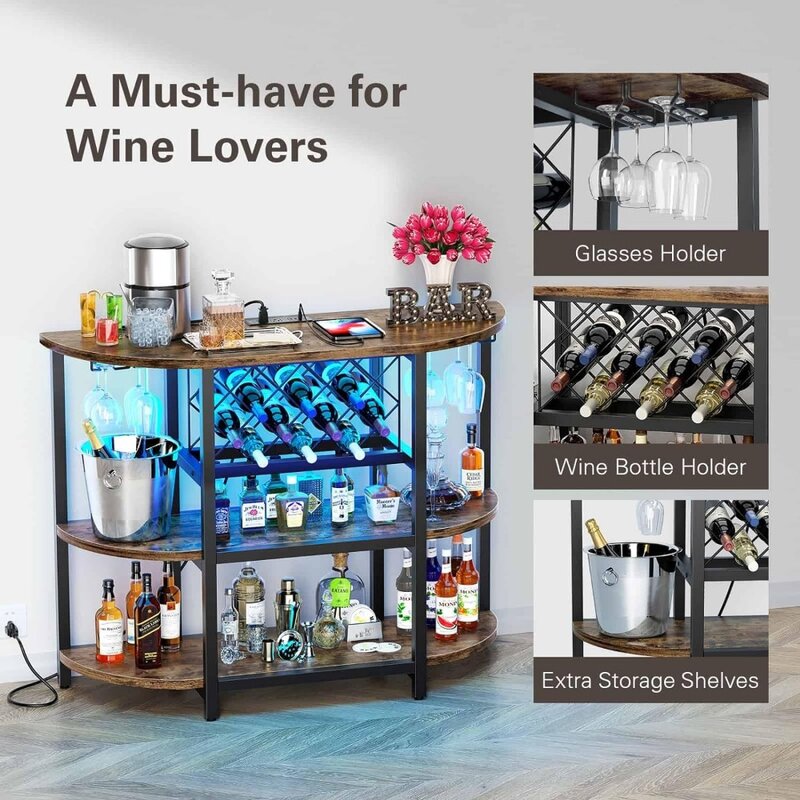 LED Home Mini Bar Cabinet per armadietto per liquori con presa di corrente supporto per Wine Bar in metallo con contenitore a 4 livelli facile da montare grigio