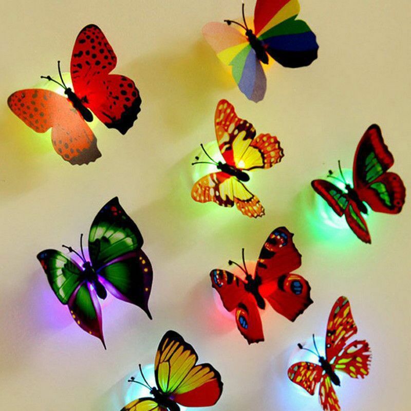 Lampu dekorasi Led 12/24 buah, mainan kreatif warna-warni bercahaya kupu-kupu lampu malam tempel lampu dinding mainan kecil