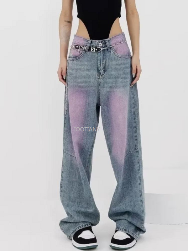 Брюки женские с завышенной талией, прямые широкие штаны в стиле граффити, повседневные винтажные джинсы в стиле Хай-стрит, лето