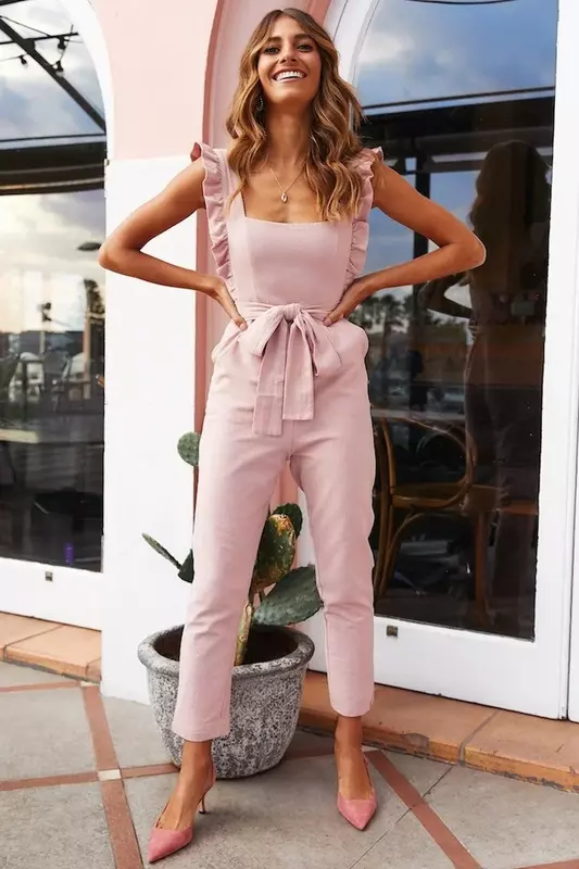 2024 Sexy Slimming Solid Color Belted Jumpsuit with Wooden Ear Sling Women Summer New Casual Rompers One Piece Outfit OL Style