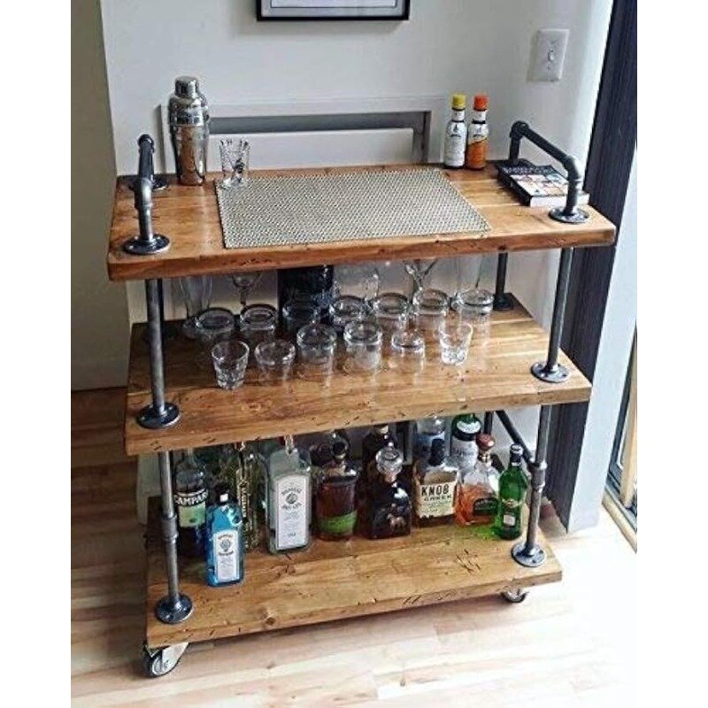 WGX Design For You Wood and Metal Wine Rack with Wheels Kicthen Bar Dining Room Tea Wine Holder Serving Cart Bar & Serving Carts