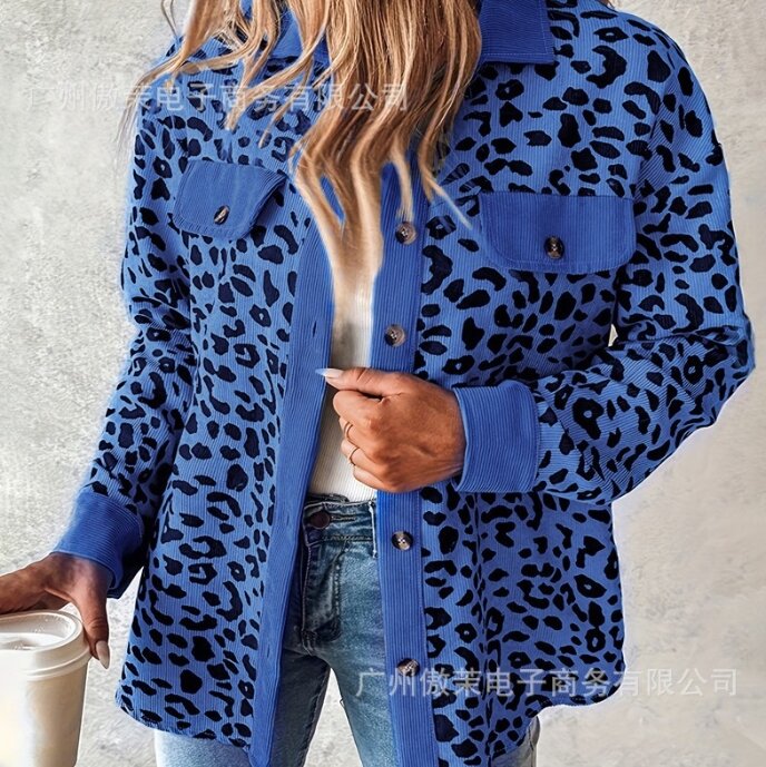 Jaqueta contrastante com estampa leopardo de manga comprida feminina, top elegante, casaco básico, casual, estilo intelectual, inverno, outono, 2024