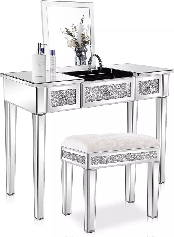 Vanity Desk a specchio con cassetti Set da tavolo da trucco per camera da letto con specchio e sgabello Flip Up toletta, argento