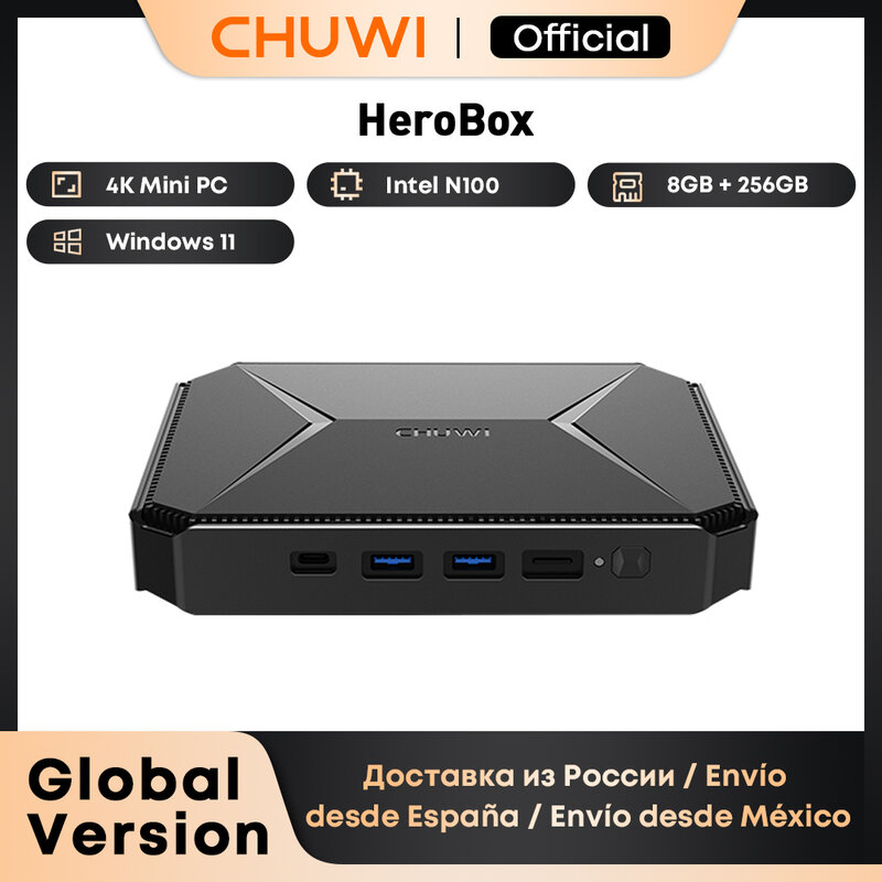 CHUWI-Mini PC Intel Celeron N100, Computador Desktop, Até 2,7 GHz, 8GB de RAM, SSD 256GB, Windows 11, HeroBox