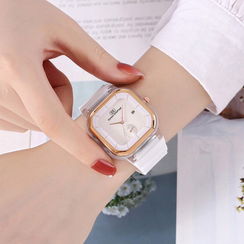 Jam tangan wanita elegan jam tangan kuarsa silikon Dial persegi desain minimalis jam tangan hadiah Hari Valentine untuk pacar