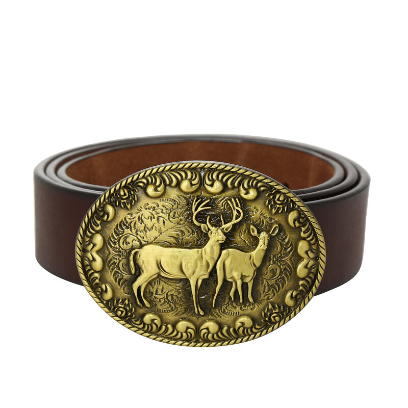 Hebilla de cinturón de cuero de mezclilla occidental para hombres, patrón de ciervo Animal, aleación de Zinc, accesorios, estilo de regalo