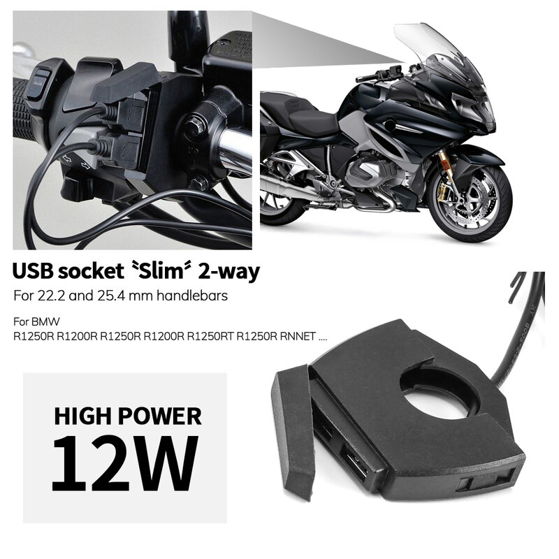 Motocicleta Dual USB Carregador Plug Soquete Adaptador, BMW R1250R R1200R R1250RS R1200RS R1250RT RNINET 22-25mm Guiadores