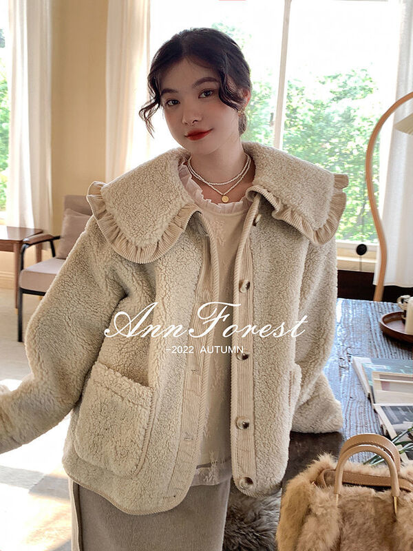 Loose Cute Lace Ruffled Collar Doll Plush Coat Wool  Jacket  Autumn Winter Lamb wool coat