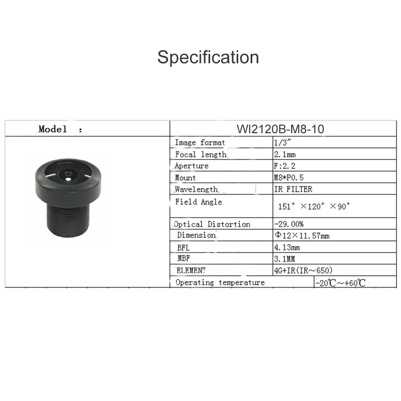 Lentes de filtro IR para câmera de segurança CCTV, lente grande angular, 2,1mm, lente M8, 5MP, F2.2, 151 graus com 650nm, 1"