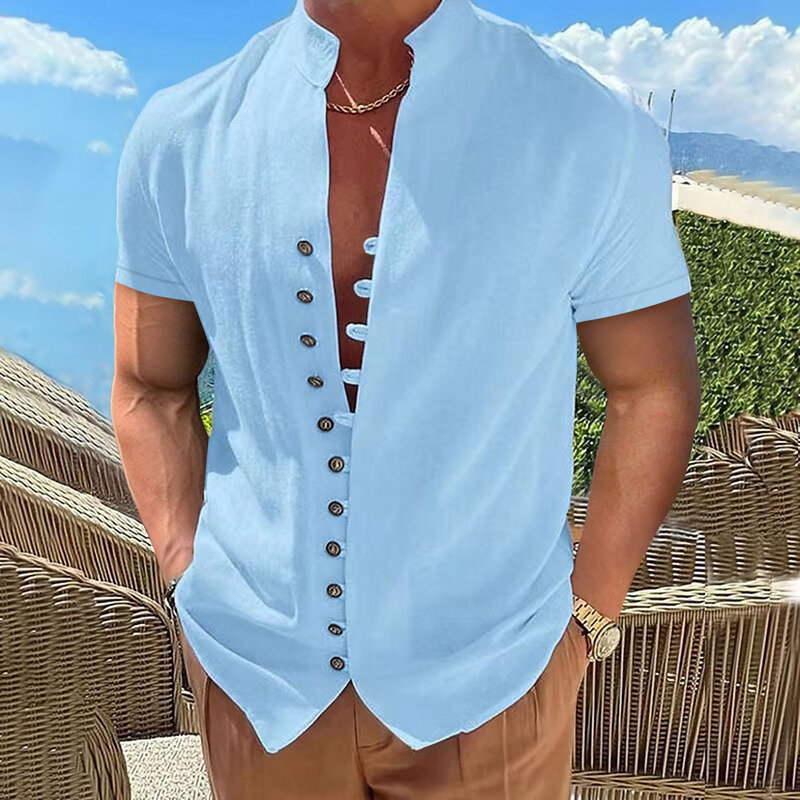 Kemeja kerah berdiri pria, baju kerah berdiri warna polos lengan pendek single breasted musim panas