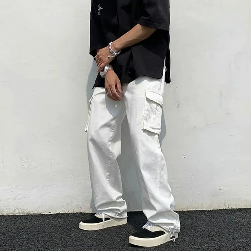 Chmielowe spodnie Cargo Streetwear męskie spodnie bojówki z wiele kieszeni szerokimi nogawkami miękka oddychająca tkanina styl hiphopowy jednolity kolor w połowie