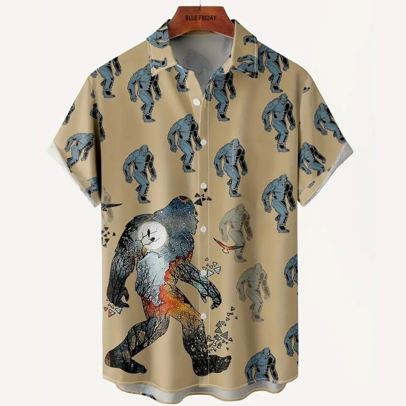 남성용 침팬지 프린트 하와이안 셔츠, 오버사이즈 캐주얼 셔츠, 레트로 패션, 반팔 셔츠, 하이 퀄리티 남성 의류