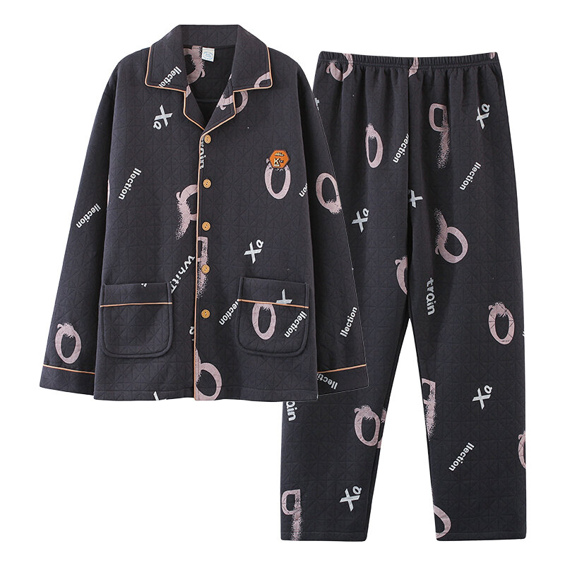 Men's three-layer thin cotton men's pajamas cardigan printed men's home wear winter long sleeved men's home wear
