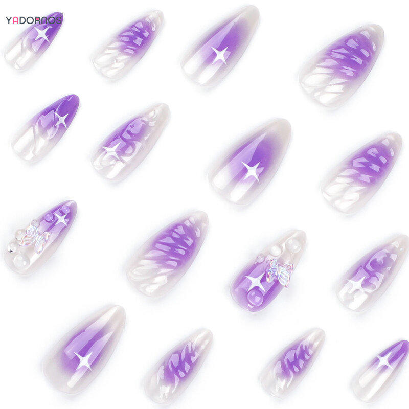 Kuku palsu ungu gradien Tekan pada kuku Glitter Almond kuku palsu kupu-kupu bintang dirancang dapat dipakai ujung kuku untuk wanita 24 buah