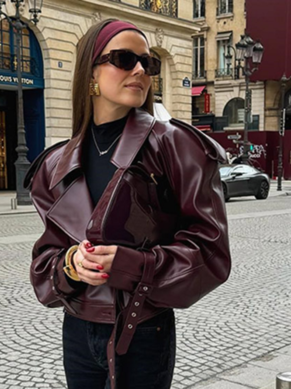 女性用長袖レザージャケット,エレガントなラペル付きショートコート,ファッショナブルなヴィンテージストリートウェア,高品質