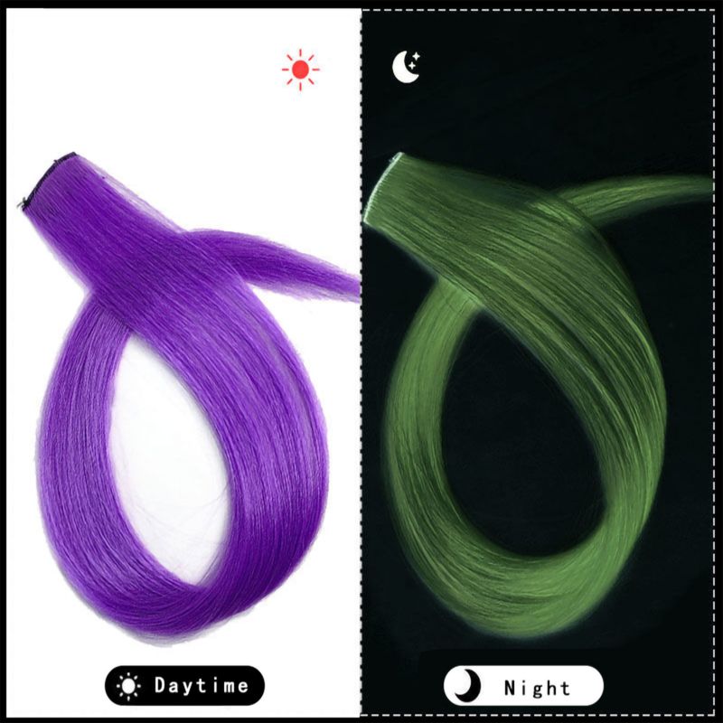 5pc 20Inch Glow in the Dark Hair Extensions Clip Luminous Colored Hairpieces Party Rainbow Hair Clips Synthetic Straight Wig