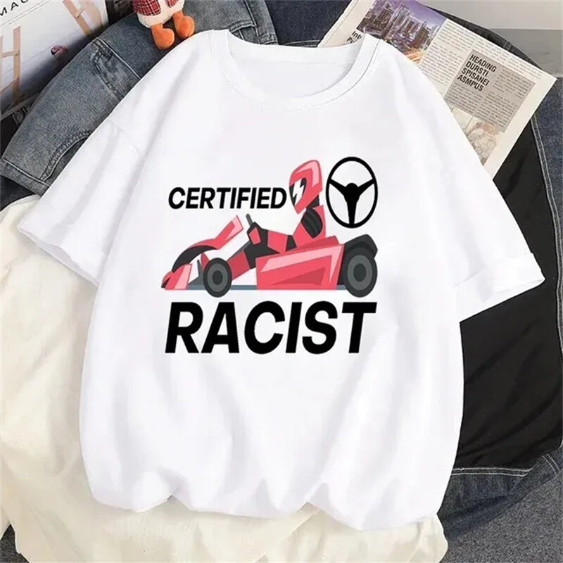 Camiseta racista certificada masculina e feminina, camiseta casual de beisebol, camiseta de corrida, branca, preta